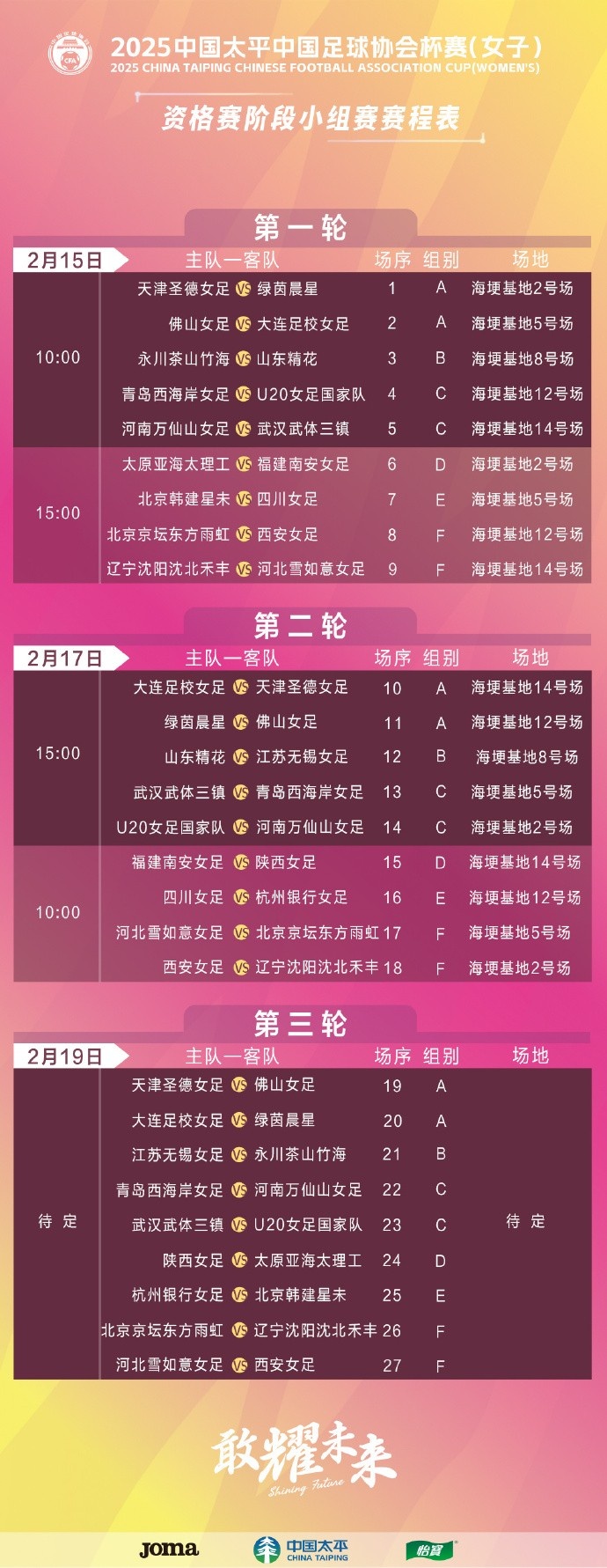  2025中國太平中國足球協(xié)會(huì )杯（女子）競賽日程公布