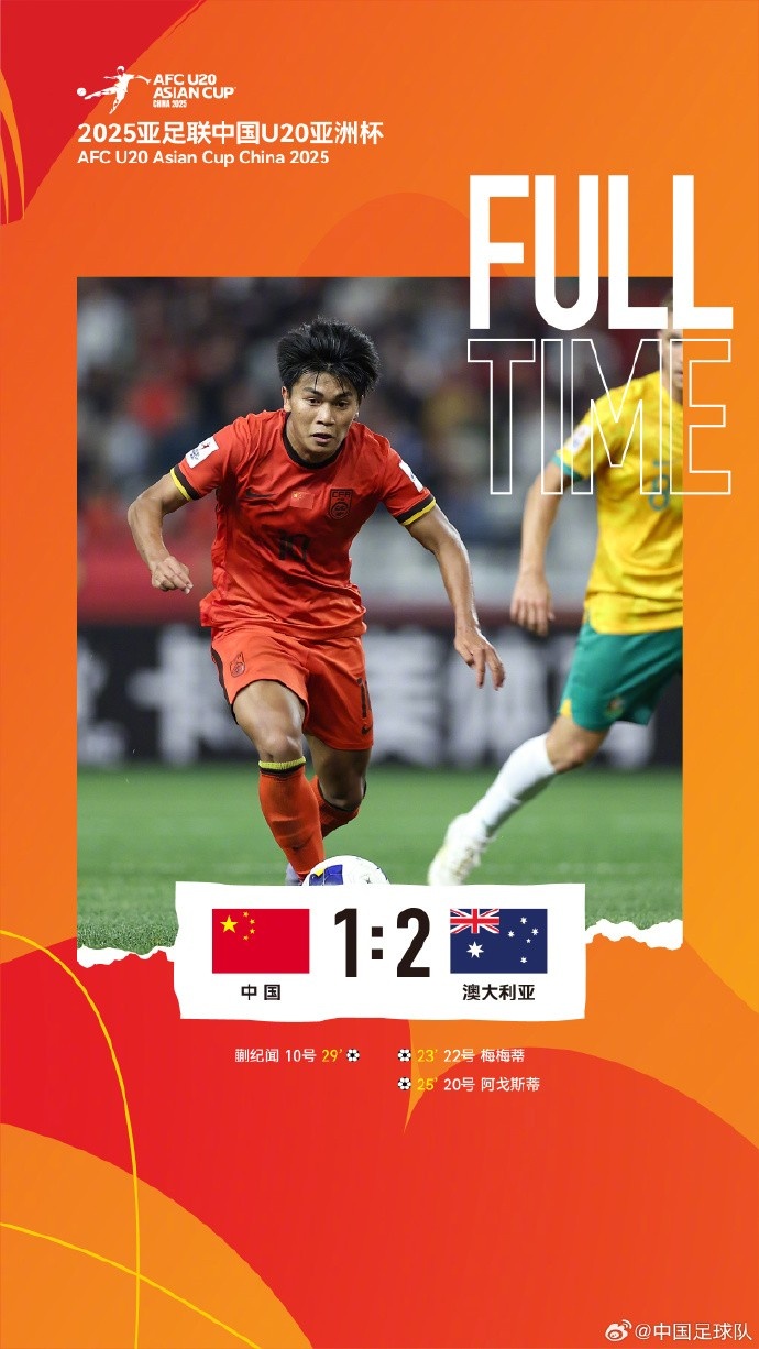  U20亞洲杯小組賽A組第三輪，中國隊1比2負于澳大利亞隊